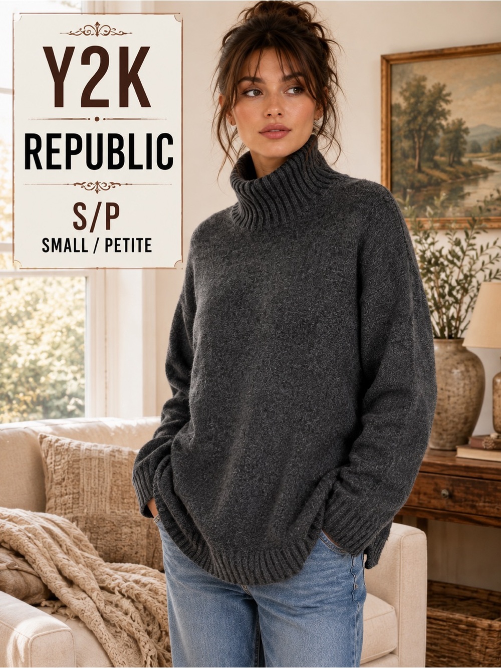 Y2K Republic Charcoal Gray Wool Blend Turtleneck Sweater S/P